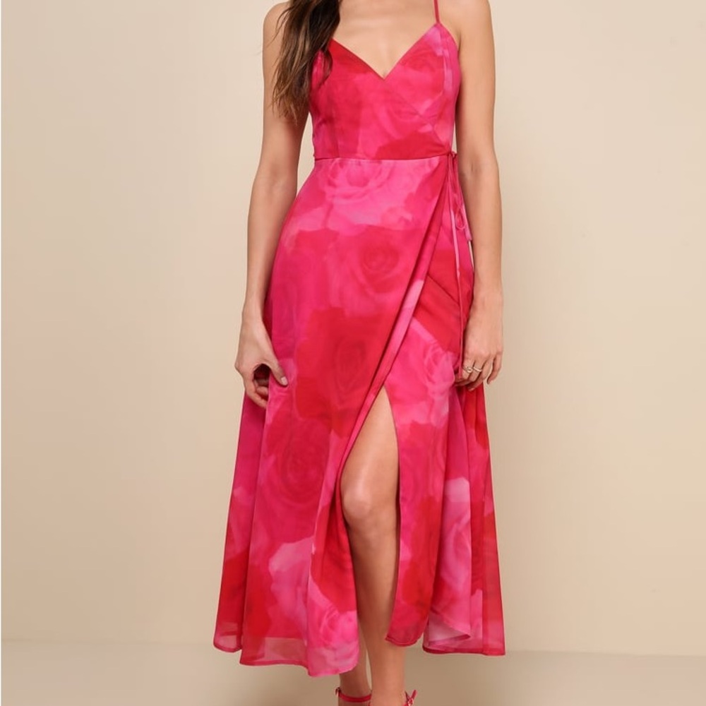 Lulus Pink Floral Print Wrap Midi Dress, L